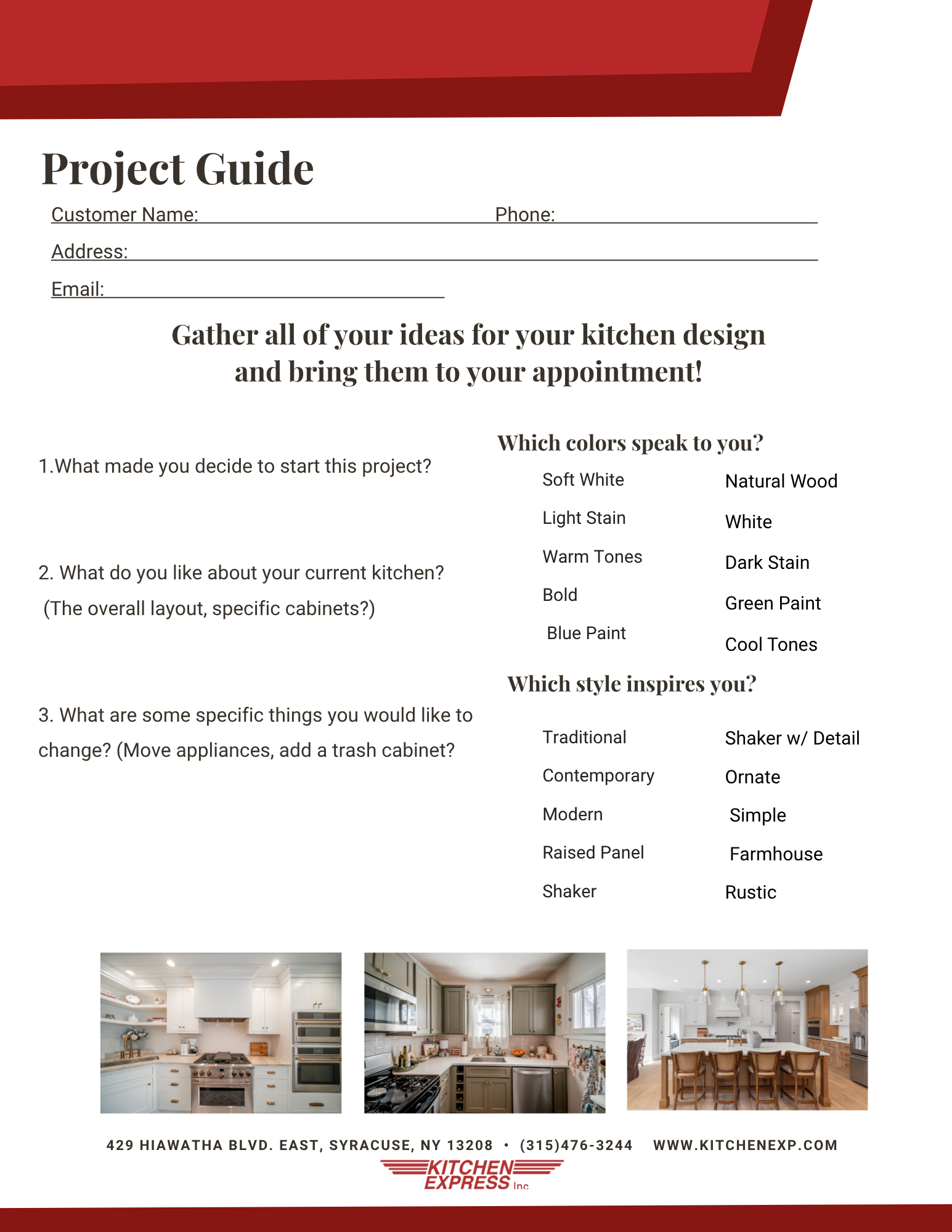 Kitchen Express Project Guide planning worksheet